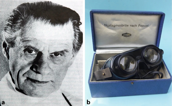 Photo of Dr. Hermann Gotthold Walter Frenzel and a set of Frenzel lenses.