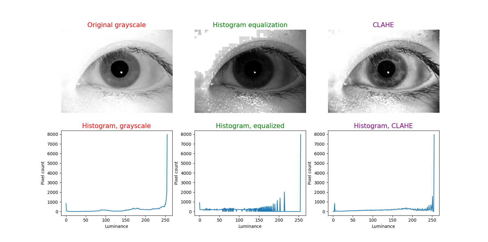 Figure 4: Upper left image is from: https://www3.nd.edu/~kwb/Hollingsworth_EtAl_CVIU_2011.pdf. This has been converted by histogram equalization in the upper middle image, and by CLAHE in the upper right image. Below each iris image is the corresponding histogram.
