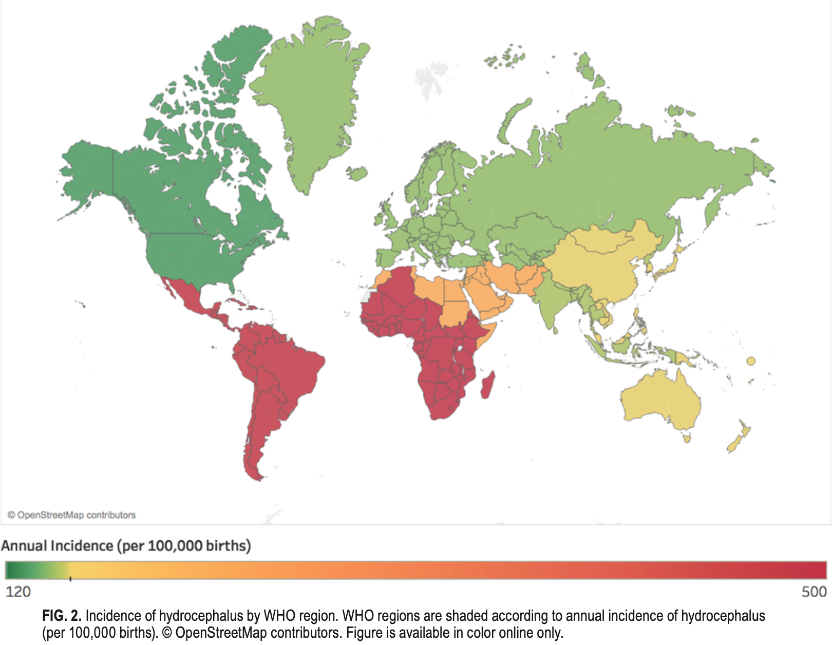 Figure: Global incidence of hydrocephalus.  From Dewan et al. (2019).