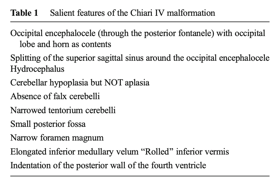 Table: Anatomical features of Chiari 4 malformation.  From Tubbs et al. (2016).