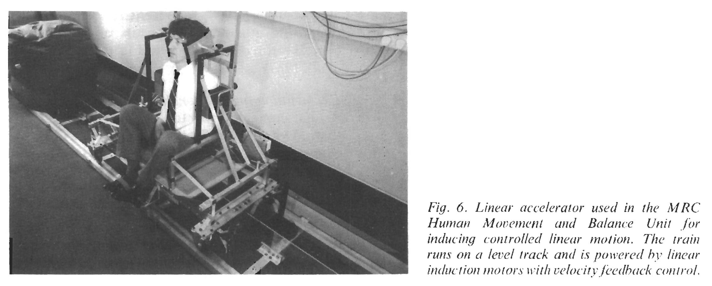 Figure: Linear accelerator ("sled") used for testing otolith function.  From Gresty and Bronstein (1992).