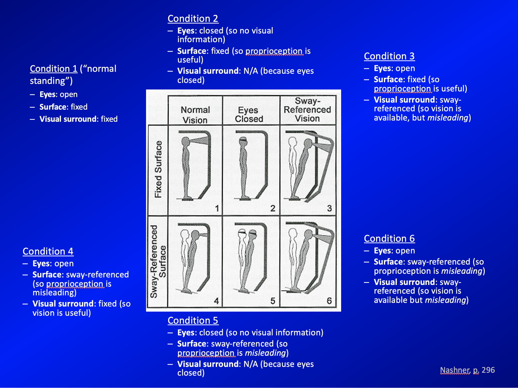 Figure: Six conditions of sensory organization testing.  From Nashner (1997).