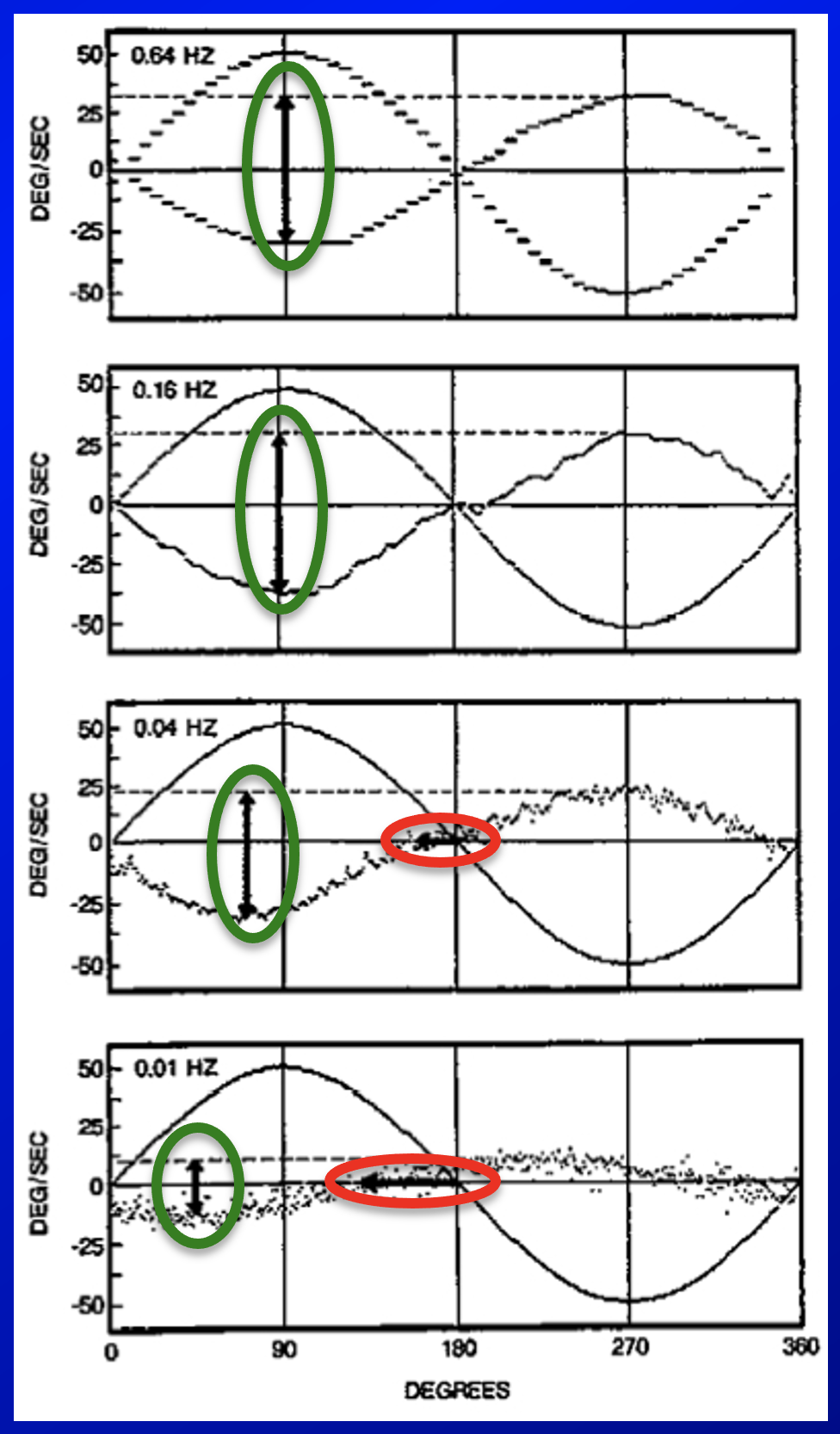 Figure: The vestibular system is better at detecting larger acceleration than smaller acceleration.  Consequently, normally with decreasing frequency of slow harmonic acceleration, gain decreases and phase angle increases.  From Stockwell and Bojrab (1997).