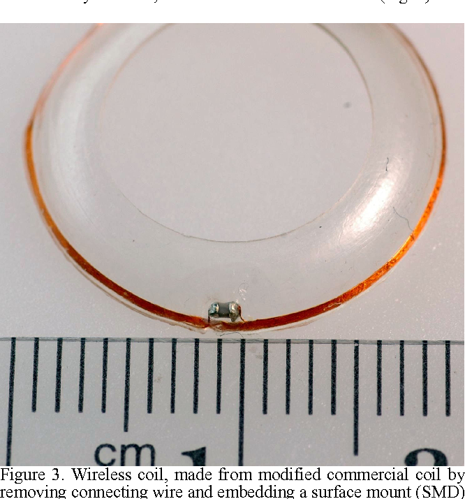 Figure: Wireless scleral search coil contact lens with embedded capacitor.  From Roberts et al. (2008).