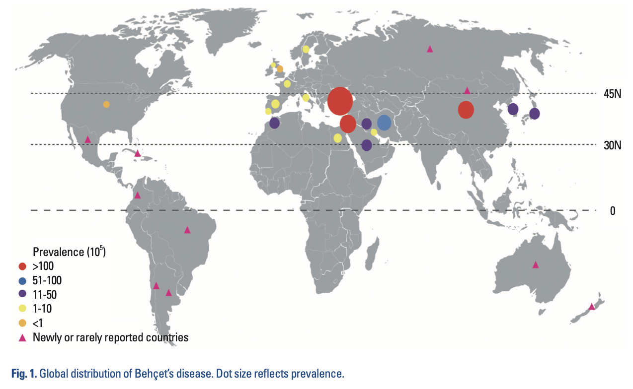 Global distribution of Behcet disease.  From Cho et al. (Cho et al. 2012).